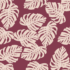 Botanic seamless random pattern with white monstera simple shapes and purple light background.