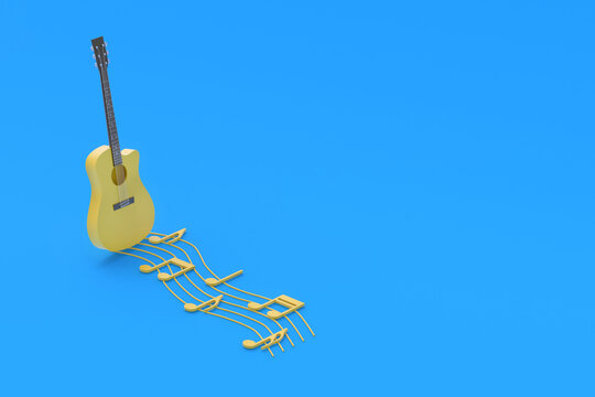 One vintage guitar and different notes on blue background. Retro stringed instrument. Musical education. Live concert concept. Acoustic sound. Copy space. 3d rendering