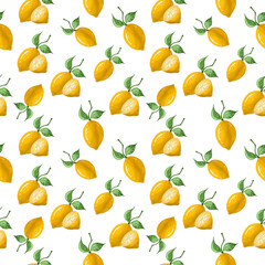Seamless pattern, lemon with green leaves on a branch on a white background.