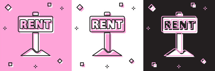 Set Hanging sign with text Rent icon isolated on pink and white, black background. Signboard with text For Rent. Vector.
