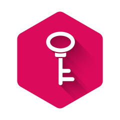 White House key icon isolated with long shadow. Pink hexagon button. Vector.