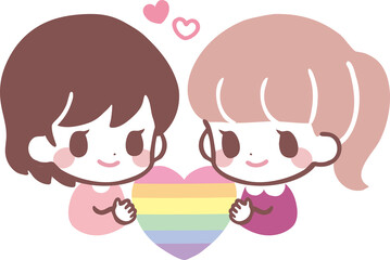 LGBTイラスト/虹色のハートを持つ女の子のカップル
