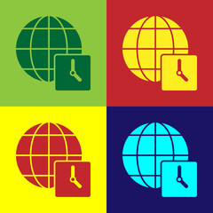 Pop art World time icon isolated on color background. Clock and globe. Vector.