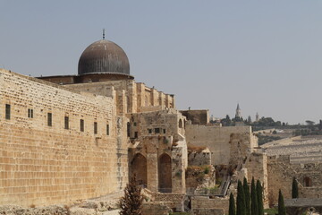 the silver dome mosque and antiquities view from the entrance to the western wall at jerusalem in israel