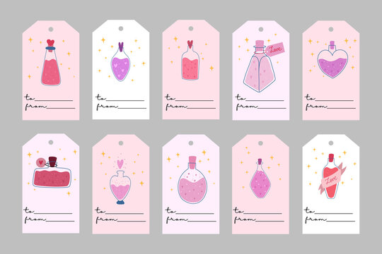 Valentine's Day templates. Romatic labels with love spell. All tags are isolated. Vector hand drawn illustration.