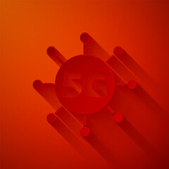 Paper cut 5G new wireless internet wifi connection icon isolated on red background. Global network high speed connection data rate technology. Paper art style. Vector.