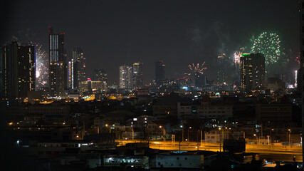 The high angle background of the city view with the secret light of the evening, blurring of night lights, showing the distribution of condominiums, dense homes in the capital community