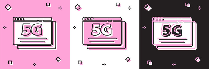 Set 5G new wireless internet wifi connection icon isolated on pink and white, black background. Global network high speed connection data rate technology. Vector.