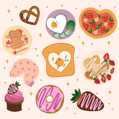 Valentine's Day love food. Romatic Delicious food. Vector hand drawn illustration.