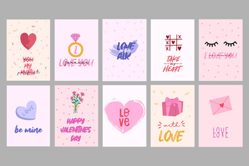 Fototapeta na wymiar Valentine's Day templates. Romatic greeting card with love elements and lettering. All tags are isolated. Vector hand drawn illustration.