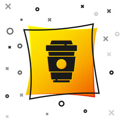 Black Coffee cup to go icon isolated on white background. Yellow square button. Vector.