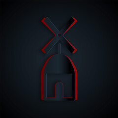 Obraz premium Paper cut Windmill icon isolated on black background. Paper art style. Vector.