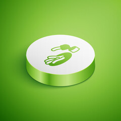 Isometric Churros and chocolate icon isolated on green background. Traditional national Spain dessert, European street food. White circle button. Vector.