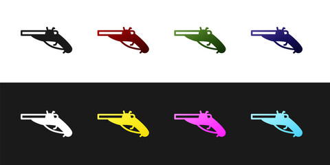Set Vintage pistols icon isolated on black and white background. Ancient weapon. Vector.
