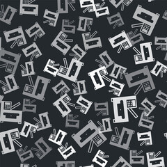 Grey Office multifunction printer copy machine icon isolated seamless pattern on black background. Vector.