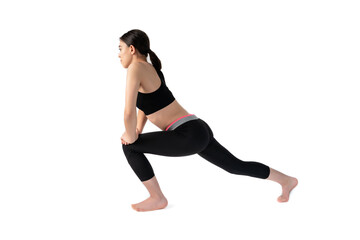 Young woman doing yoga practice isolated on white background. Flexible fit female body. Horizontal shot. High resolution sharp photo.