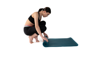 Young woman doing yoga practice isolated on white background. Flexible fit female body. Horizontal shot. High resolution sharp photo.