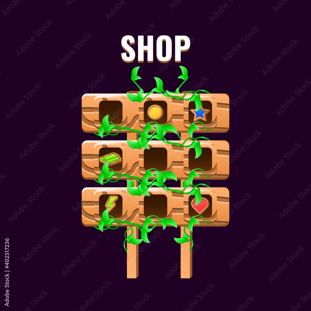 Poster wooden nature leaves sign game ui with shop menu interface for gui asset elements vector illustratio