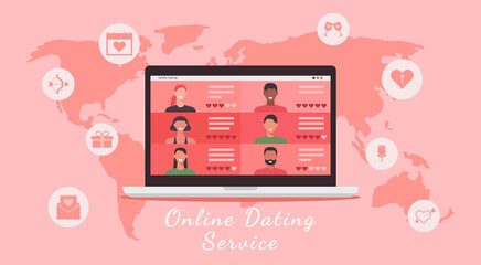 online dating service website, concept of people around the world with long distance relationship and virtual love on social networking on laptop screen, vector flat illustration