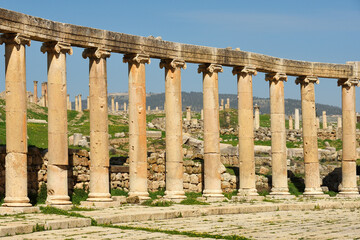 Columns of ruined Greco-Roman city in Jerash, Jordan