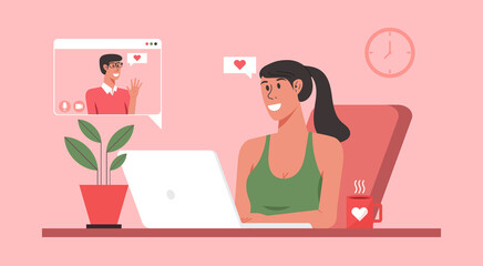online dating concept, woman character video calling to her boyfriend via on laptop and staying at home with long distance relationship and virtual love, vector flat illustration