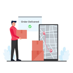 Man hold boxes beside phone with route map metaphor of online tracking delivery.