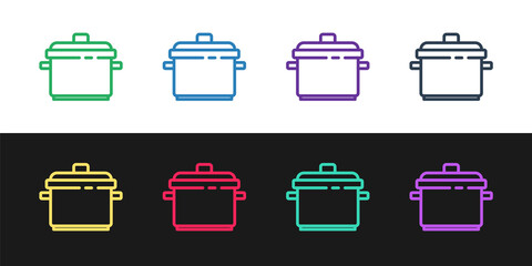 Set line Cooking pot icon isolated on black and white background. Boil or stew food symbol. Vector.