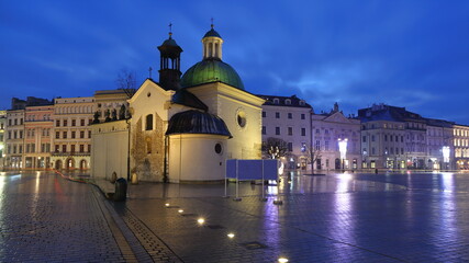 Fototapeta na wymiar Saint Adalbert church on Main Market Square in Krakow, Poland, night cityscape of old town 