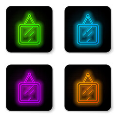 Glowing neon line Mirror icon isolated on white background. Black square button. Vector.