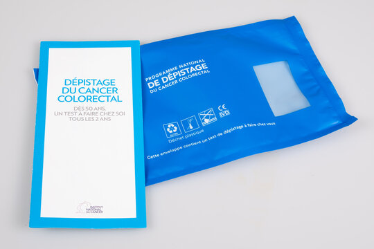 Screening colorectal cancer testing sample kit with bag and flyer in France