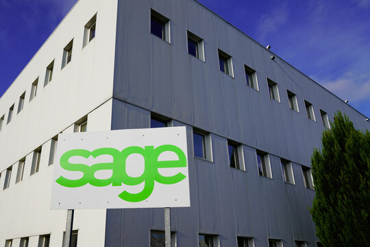 Sage Logo Brand And Text Sign Of British Multinational Enterprise Software Company Based In Newcastle Uk