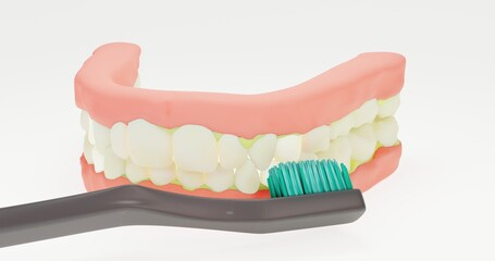 3d illustration render stylized teeth, jaw, mouth, brushing teeth, getting rid of yellow plaque, harmful bacteria, tartar, caries development.