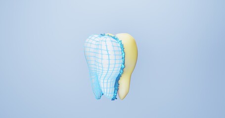 3d illustration of a stylized molar tooth with a polygonal mesh with caries spoiling and healing with magic, glow, blue transition, on a gray-blue background.