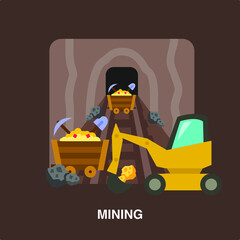 mining work with trolley of gold diamonds with heavy machine digging underground flat concept icon design