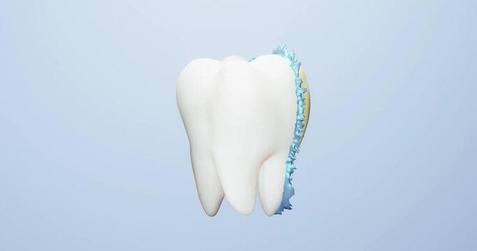 Looped render 3d animation of a stylized molar tooth with caries spoiling and healing with magic, glow, blue transition, on a gray-blue background.