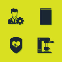 Set Profile settings, Coffee machine and cup, Shield heart rate and Book icon. Vector.