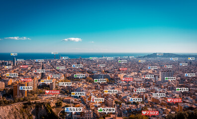 Social media and notification icons over a Barcelona aerial view, Spain.