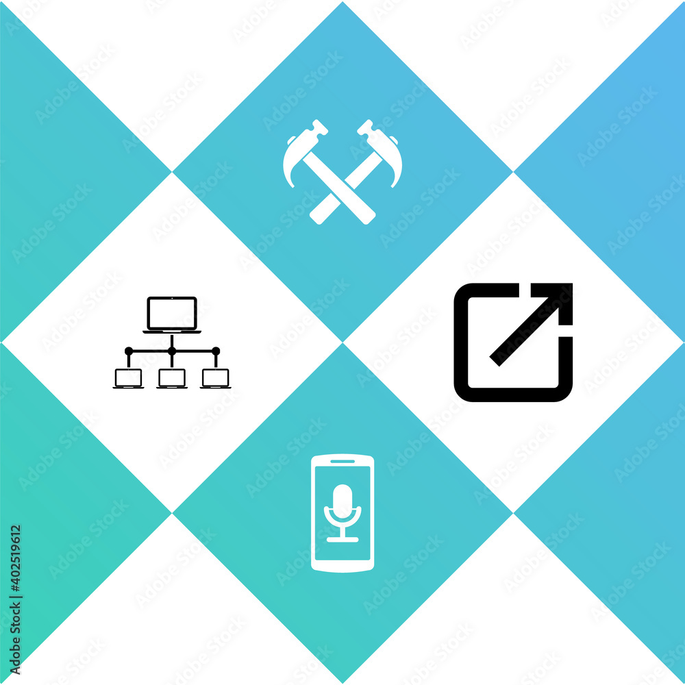 Poster set computer network, mobile recording, two crossed hammers and open new window icon. vector.