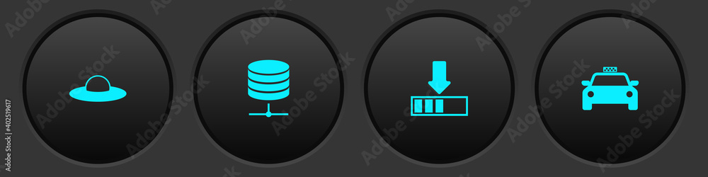 Poster set ufo flying spaceship, server, data, web hosting, loading and taxi car icon. vector.
