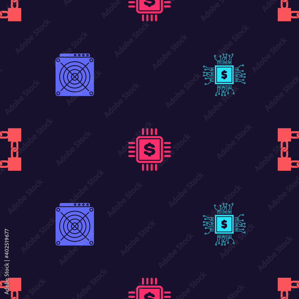 Poster set processor chip with dollar, asic miner, and blockchain technology on seamless pattern. vector.