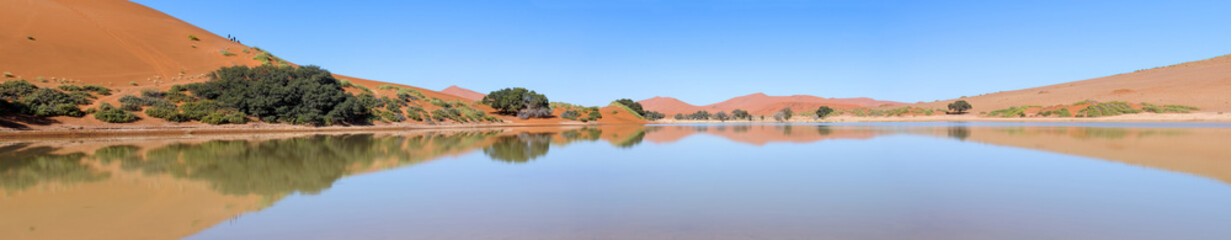 Panorama of Sossusvlei in Namibia full of water