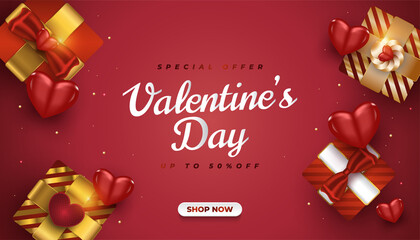 Fototapeta na wymiar Valentine's day sale banner with realistic gift boxes and 3d hearts on red gradient background. Horizontal poster, greeting card, banner for website. Promotion and shopping template for Valentines day