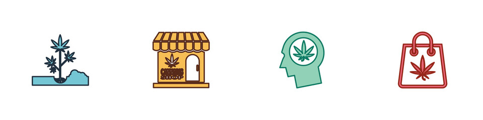 Set Planting marijuana, Marijuana and cannabis store, Head profile with and Shopping bag icon. Vector.
