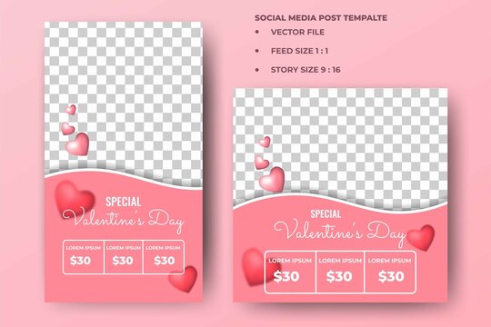 Set of Editable banner template. Valentine's day sale banner design. Pink background with love decoration. Suitable for social media feed, story, and internet ads. Vector design with a photo collage.