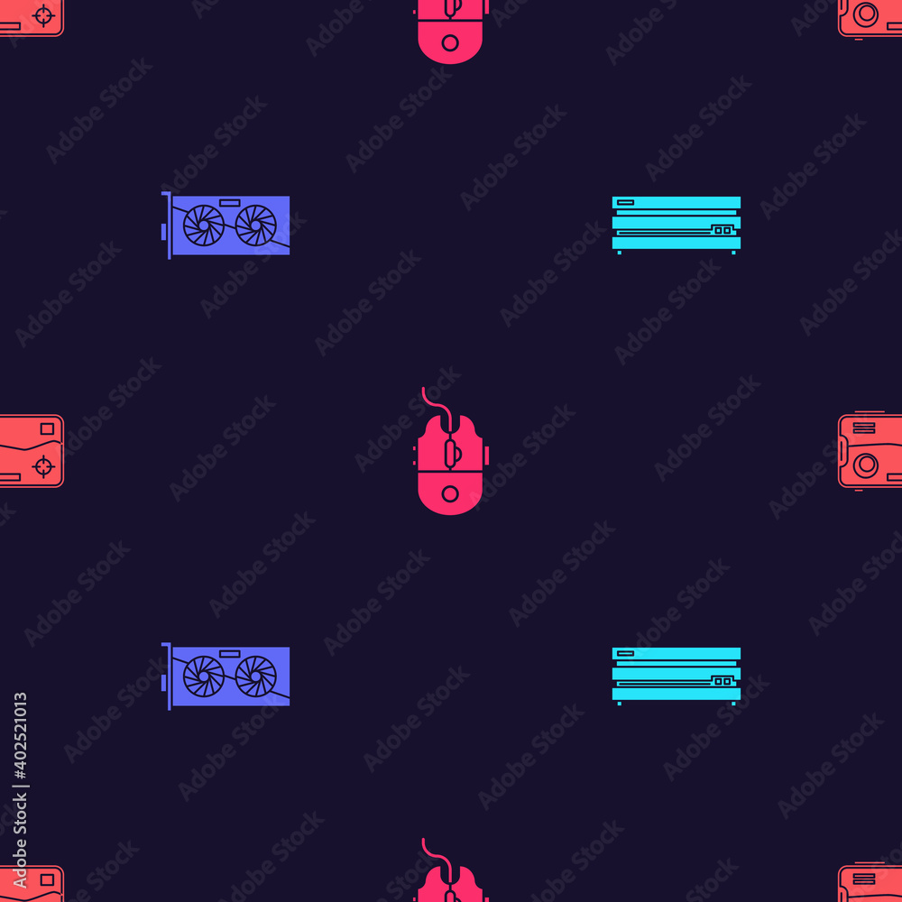Poster set video game console, graphic card, computer mouse gaming and mobile and playing on seamless patte