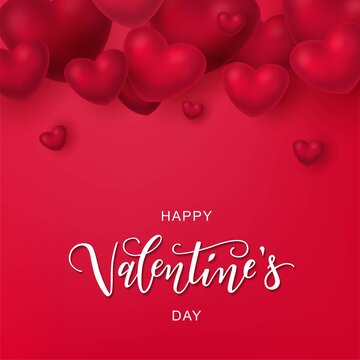 Happy Valentine's day text, hand lettering typography poster on red gradient background. Vector illustration. Romantic quote postcard, card, invitation, banner template.