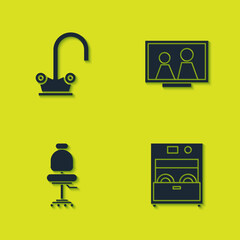 Set Water tap, Kitchen dishwasher machine, Office chair and Picture frame on table icon. Vector.