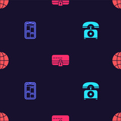 Set Telephone, Online shopping, Credit card with lock and Worldwide on seamless pattern. Vector.
