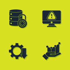 Set Server security with lock, Pie chart infographic, Cost reduction and Monitor exclamation mark icon. Vector.