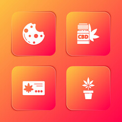 Set Cookies with marijuana, Medical bottle, Calendar and leaf and Marijuana or cannabis plant icon. Vector.